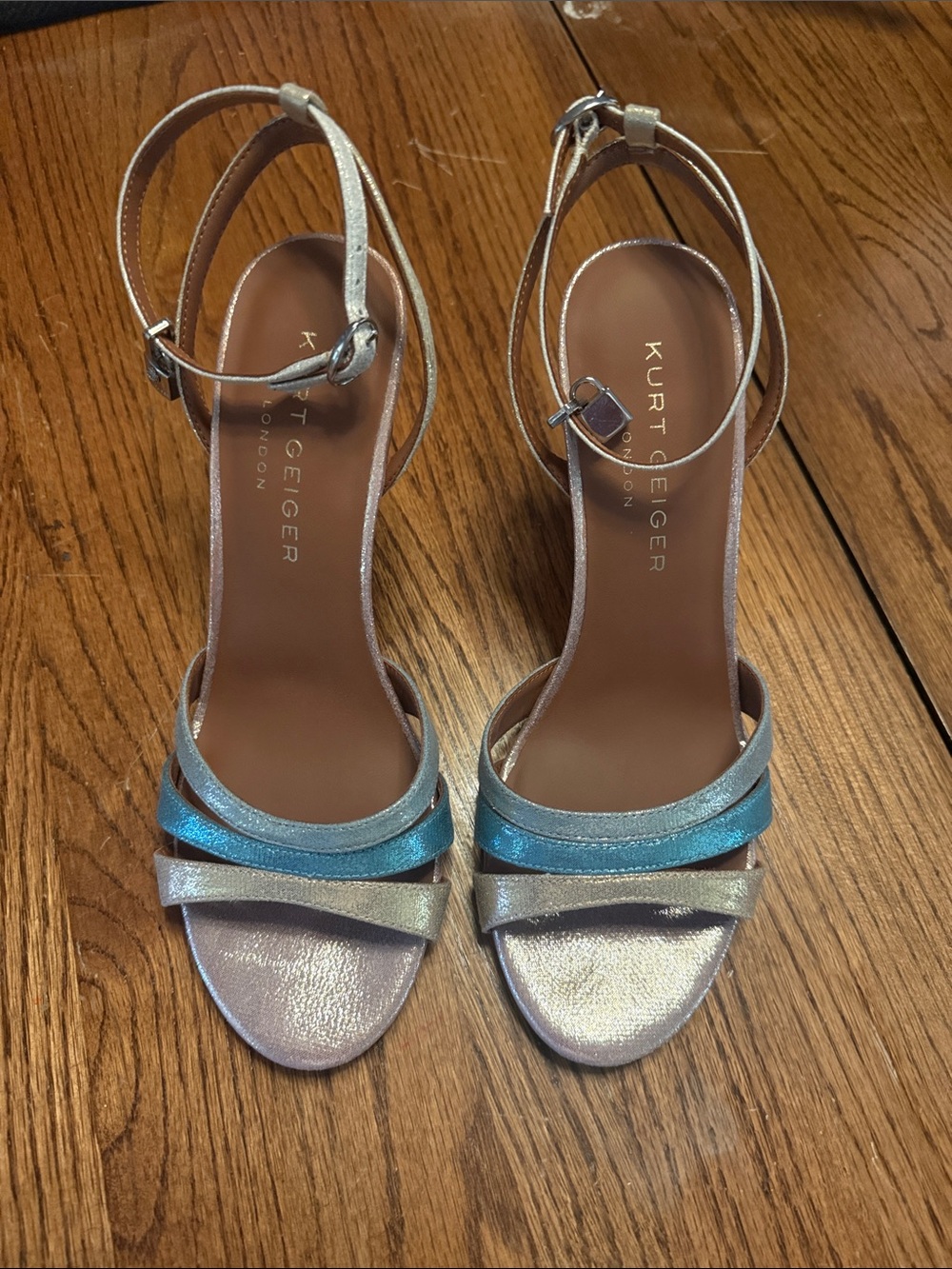 Kurt Geiger Silver and Teal Metallic Ankle-Strap Heels